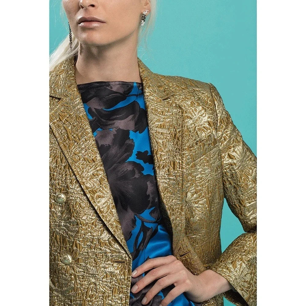 Derek Lam 10 Crosby Myla Gold Jacquard Double Breasted Blazer Jacket